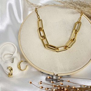 kit - chocker corrente glamour dourada + brinco de argola pequena três fios torcida dourada