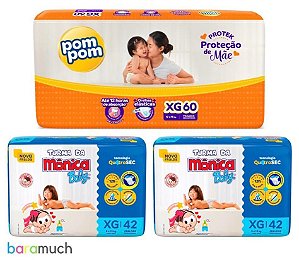 144 fraldas XG Pompom e Huggies (60xg pompom+84xg Turma da Mônica)