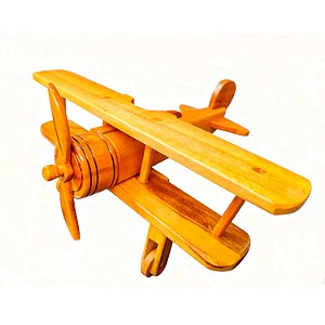 Avião Pequeno Biplano de Madeira Artesanal Decorativo – Miniatura Vintage