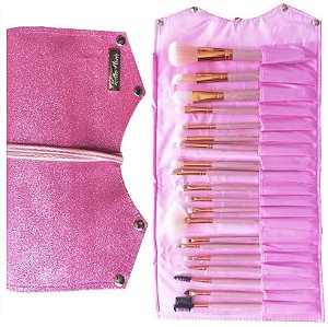 Hello Mini - Kit de Pinceis 20 Peças em Bolsa de Luxo - 12 Kits ( Dourado e Rosa )