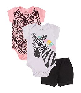 CONJUNTO 3 PEÇAS BODY E SHORT ROSA E PRETO ZEBRINHA