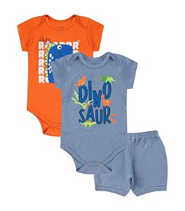 CONJUNTO 3 PEÇAS BODY E SHORT LARANJA E AZUL DINOSSAURO