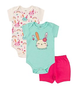 CONJUNTO 3 PEÇAS BODY E SHORT AZUL E PINK COELHINHA