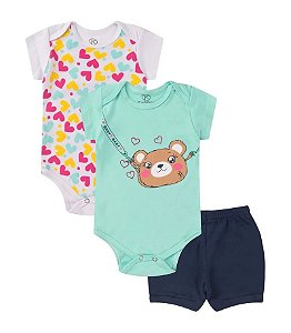 CONJUNTO 3 PEÇAS BODY E SHORT CORAÇÕEZINHOS URSINHA