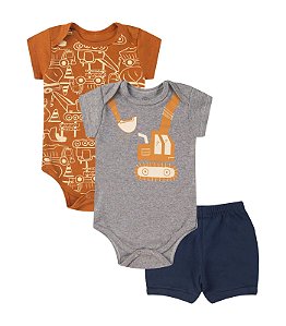 CONJUNTO 3 PEÇAS BODY E SHORT CINZA E MARROM TRATOR