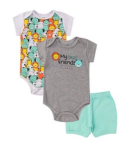 CONJUNTO 3 PEÇAS BODY E SHORT CINZA E AZUL BICHINHOS
