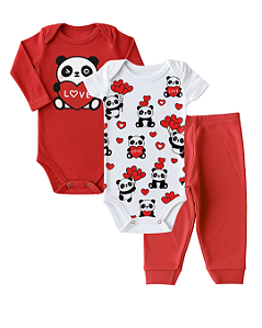 CONJUNTO 3 PEÇAS BODY E CALÇA VERMELHO E BRANCO PANDA