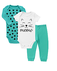 CONJUNTO 3 PEÇAS BODY E CALÇA VERDE E BRANCO GATINHA