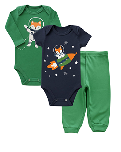 CONJUNTO 3 PEÇAS BODY E CALÇA AZUL MARINHO E VERDE RAPOSA ESPACIAL