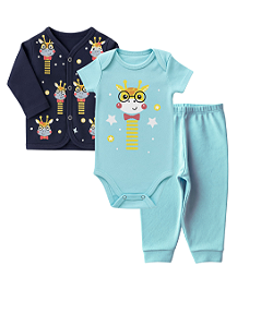 CONJUNTO 3 PEÇAS BODY E CALÇA AZUL MARINHO E AZUL CLARO GIRAFA #Desconto progressivo
