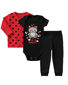 CONJUNTO 3 PEÇAS BODY E CALÇA VERMELHO E PRETO GATINHA #Desconto progressivo
