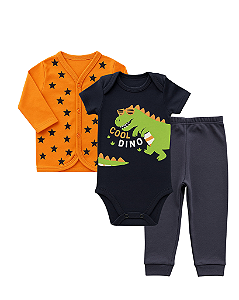 CONJUNTO 3 PEÇAS BODY E CALÇA AZUL MARINHO E LARANJA DINOSSAURO COM ESTRELINHAS #Desconto progressivo