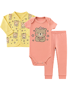 CONJUNTO 3 PEÇAS BODY E CALÇA AMARELO E SALMÃO URSINHA FLORIDA #Desconto progressivo