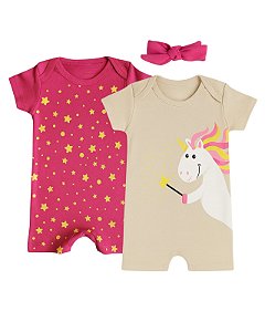 KIT ROMPER 2 PEÇAS ROSA E BEGE UNICÓRNIO
