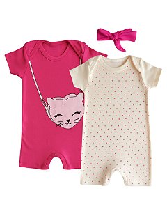 KIT ROMPER 2 PEÇAS ROSA E CREME GATINHA