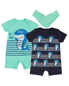KIT ROMPER 2 PEÇAS VERDE E AZUL MARINHO TUBARÃO