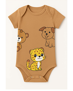 BODY MANGA CURTA MARROM ONCINHA AMARELA