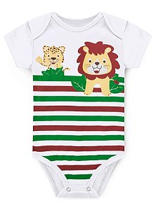 BODY MANGA CURTA BRANCO LISTRADO LEÃO E TIGRE