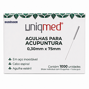 Agulhas Para Acupuntura Uniqmed 0,30x75mm Caixa com 1000 Un