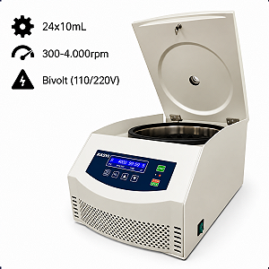 Centrífuga 24x10mL até 4.000rpm com anti-desbalanceamento e memória de processo