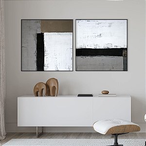 Conjunto com 02 quadros decorativos Abstrato Preto, Cinza, Branco e Marrom