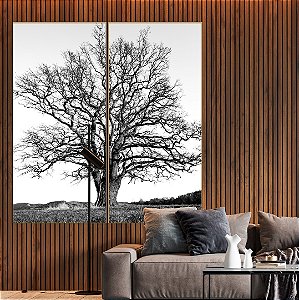 Conjunto com 02 quadros decorativos Árvore em Preto e Branco 60x120cm (LxA) Moldura cor Amadeirada Amêndoa