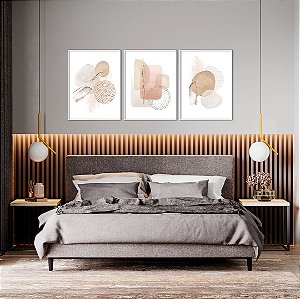 Conjunto com 03 Quadros Decorativos Abstrato Aquarela Nude e Rosê