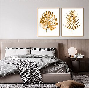 Conjunto com 02 quadros decorativos Folhas Douradas 50x70cm (LxA) Moldura cor Dourado