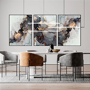 Conjunto com 03 quadros decorativos Abstrato Preto, Dourado e Cobre 60x80cm (LxA) Moldura cor Preto