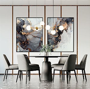 Conjunto com 02 quadros decorativos Abstrato Preto, Cobre e Dourado