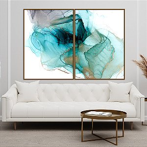 Conjunto com 02 quadros decorativos Abstrato Azul, Turquesa e Dourado