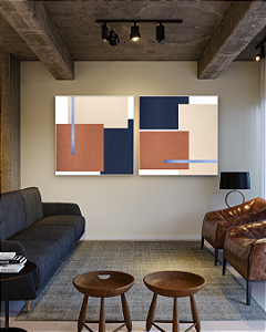 Conjunto com 02 quadros decorativos Geométrico Terracota, Azul e Bege