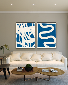 Conjunto com 02 Quadros Decorativos Abstrato Azul - Artista Vitor Costa