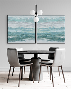 Conjunto com 02 quadros decorativos Abstrato Verde, Turquesa e Cinza