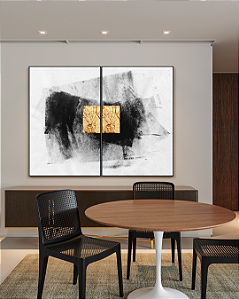 Conjunto de Quadros Decorativos Abstrato Preto com Folhas de Ouro, Prata ou Cobre