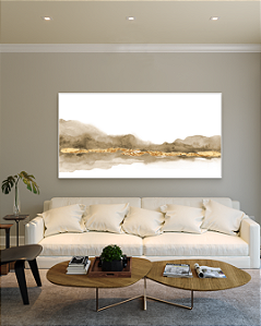 Quadro Decorativo Abstrato Bege com Folhas de Ouro
