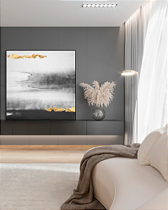 Quadro Decorativo Abstrato Preto e Cinza com Folhas de Ouro, Prata e Cobre
