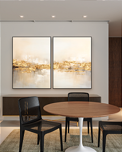Conjunto de Quadros Decorativos Abstrato Bege com Folhas de Ouro