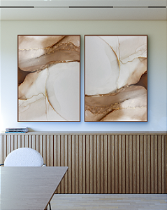Conjunto com 02 Quadros Decorativos Abstrato Marrom e Dourado