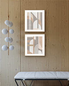 Conjunto com 02 quadros decorativos Geométrico Neutro 52x57cm (LxA) Moldura cor Carvalho Claro