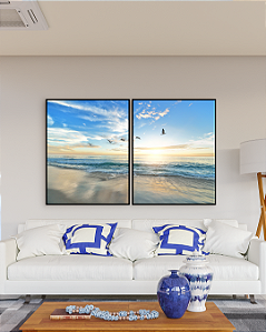 Conjunto com 02 quadros decorativos Pássaros na Praia