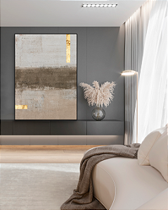 Quadro Decorativo Abstrato Bege com Folhas de Ouro, Prata e Cobre