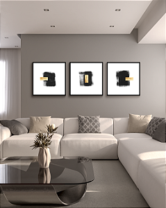 Conjunto com 03 Quadros Decorativos Abstrato Preto com Folhas de Ouro, Prata ou Cobre
