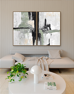 Conjunto com 02 quadros decorativos Abstrato Verde, Preto, Bege e Cinza