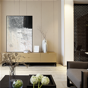 ENVIO IMEDIATO - Quadro decorativo Abstrato Bege, Branco e Preto 87x130cm (LxA) Moldura cor Preto