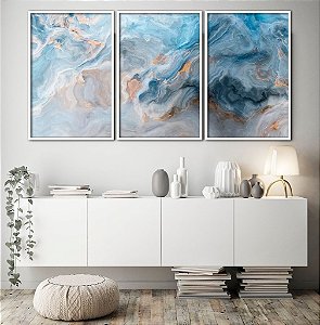 Conjunto com 03 quadros decorativos Azul Abstrato 