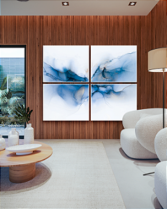 Conjunto com 04 quadros decorativos Abstrato tons de Azul e Dourado