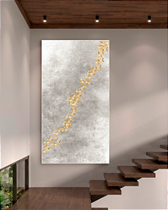 Quadro Decorativo Abstrato Bege com Folhas de Ouro, Prata e Cobre
