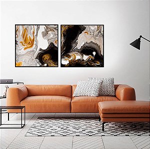 Conjunto com 02 quadros decorativos Abstrato Dourado, Cinza e Preto