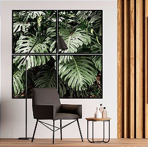 Conjunto com 04 quadros decorativos Folhas Monstera